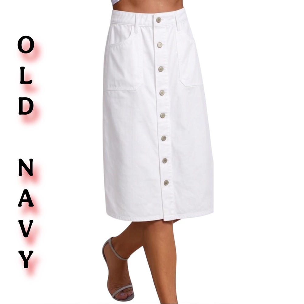 OLD NAVY Mid-Rise Button-Front Utility-Pocket White Jean Midi Skirt